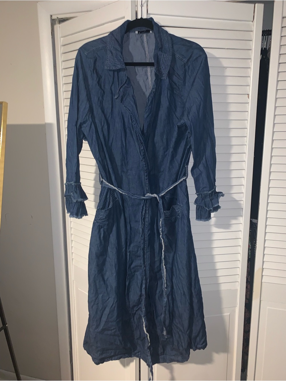 ELVI Plus Size Women’s Ruffled Denim Tie-Waist Duster Jacket